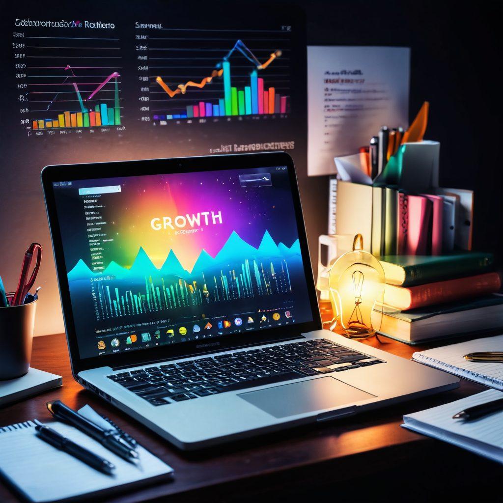 A key unlocking a glowing laptop, symbolizing success in blogging. Surround it with stacks of books titled 'Growth' and 'Promotion', alongside notebooks filled with creative ideas. In the background, illustrate a digital landscape with charts and upward arrows indicating growth. A bright, inspiring atmosphere with a mix of modern and artistic elements. vibrant colors. super-realistic.